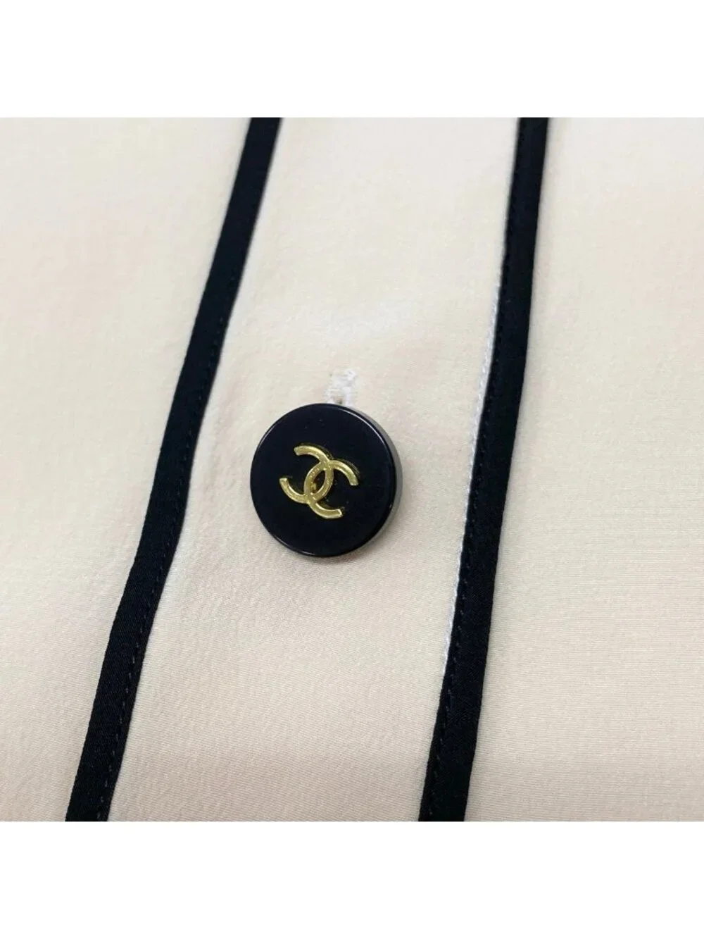 Chanel Long Sleeve Shirt CC Logo Button 38 Ivory Black Silk 100%